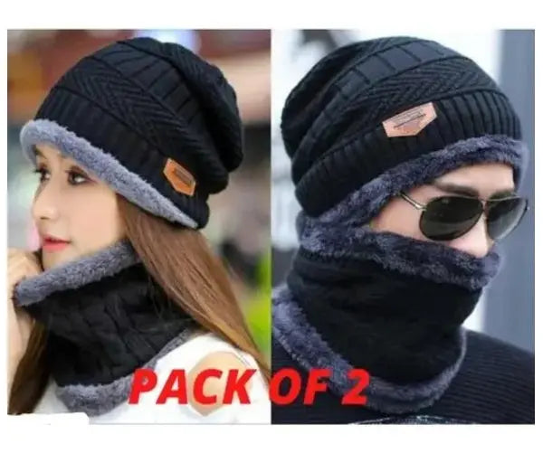 Woolen Winter Beanie Head Cap With Neck Couple Pack Of 2 Combo EasyShop Mini Mart